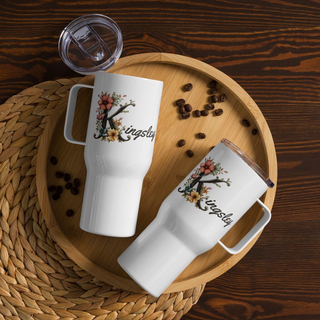 Customized name with spring flowers Letter K Travel mug with a handle
