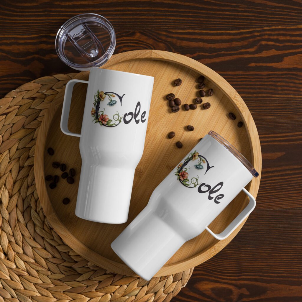 Customized name with spring flowers Letter C Travel mug with a handle