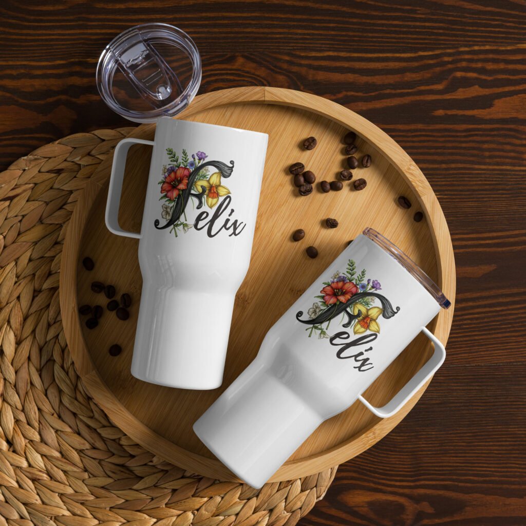 Customized name with spring flowers Letter F Travel mug with a handle