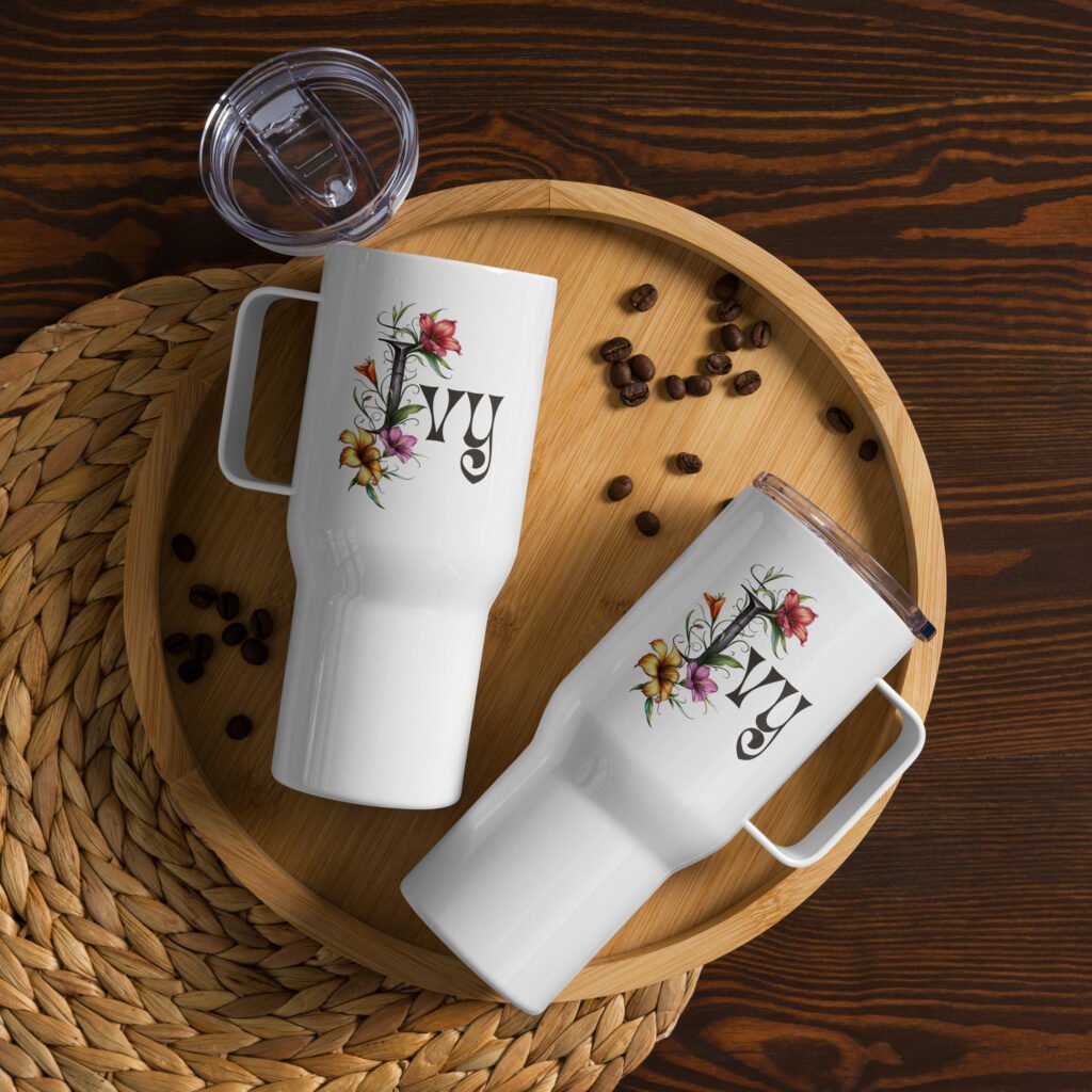 Customized name with spring flowers Letter I Travel mug with a handle