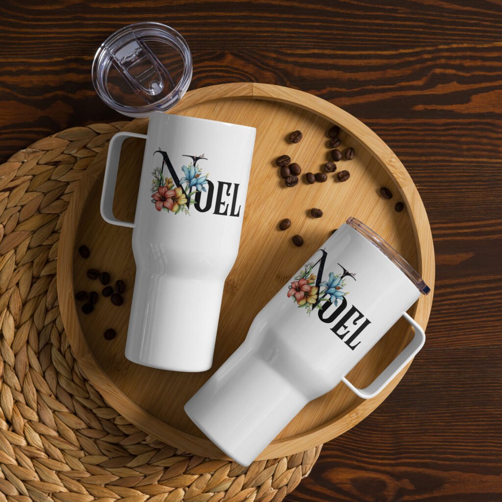 Customized name with spring flowers Letter N Travel mug with a handle
