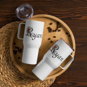 Customized name with spring flowers Letter R Travel mug with a handle