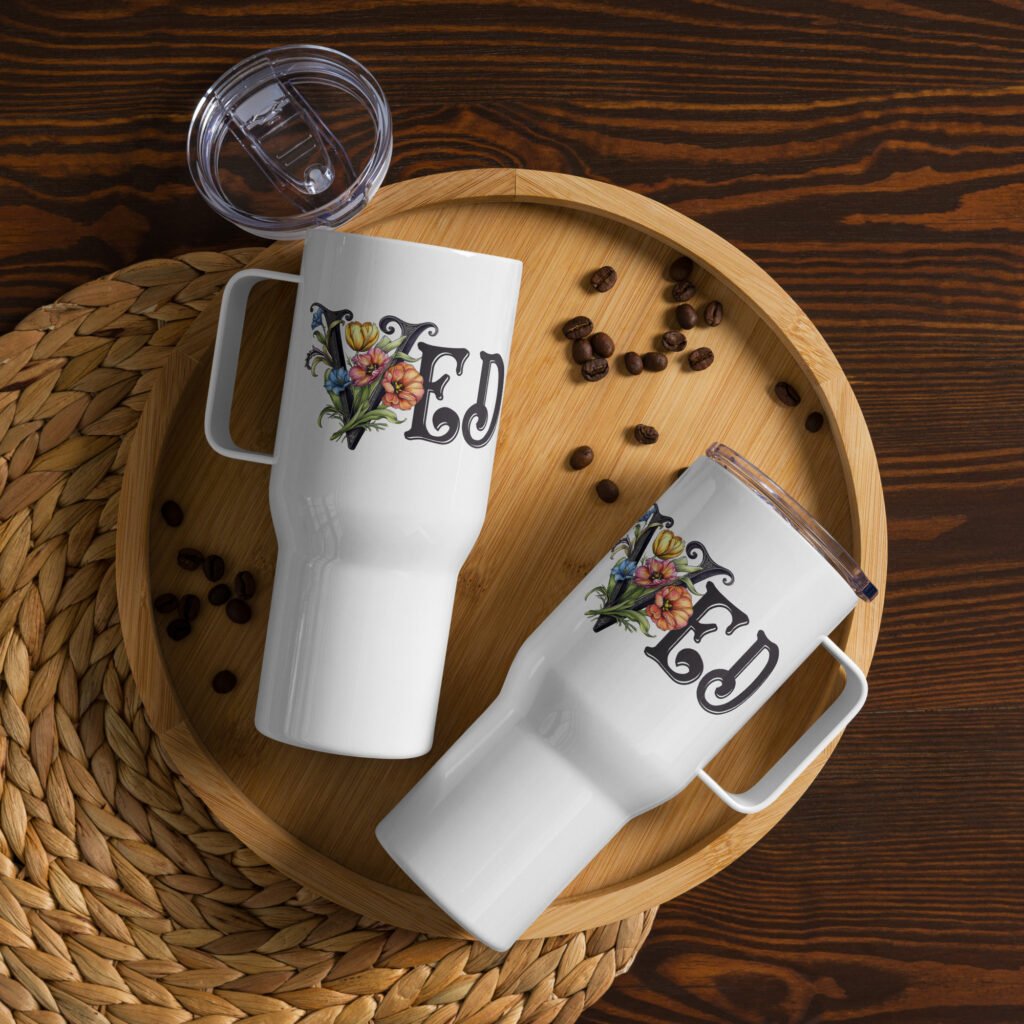 Customized name with spring flowers Letter V Travel mug with a handle